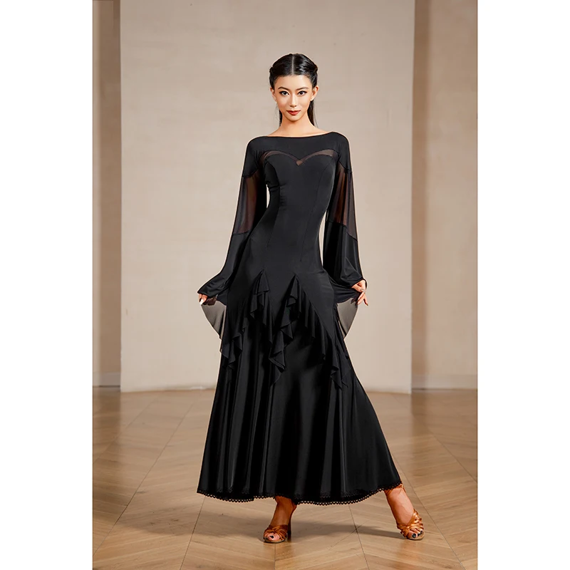 قاعة الرقص أزياء قارب الرقبة شبكة كبيرة فستان محكم من عند الصدر ويتدلى بشكل واسع التدريب ممارسة الملابس الفالس الرقص الحديث أداء ارتداء DQL12387