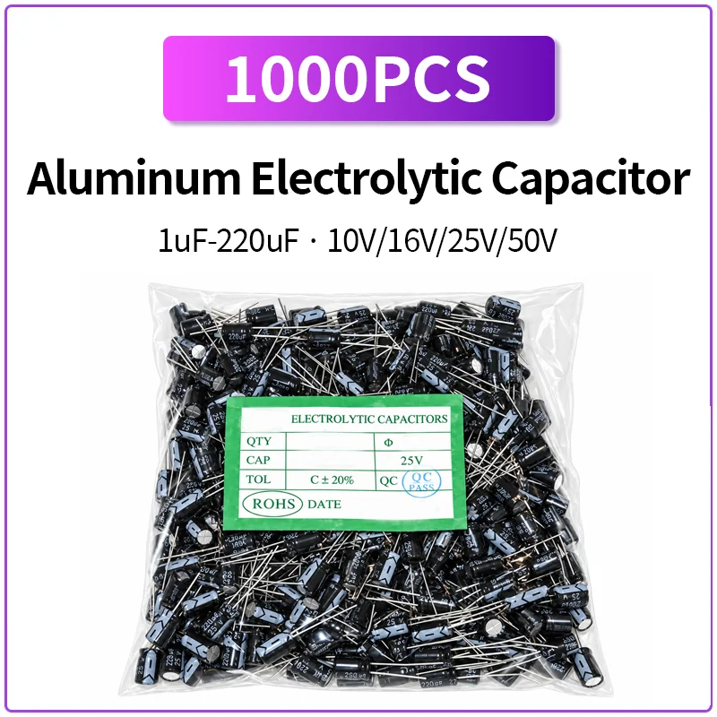 1000PCS Aluminum Electrolytic Capacitor 1uF-220uF 10V 16V 25V 50V Radial Lead Through Hole Capacitor