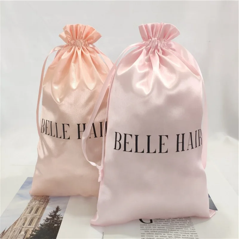 custom.Custom Large Satin Drawstring Pouch Hair Bundles Lash Wig Jewelry Packing Satin Silk Draw String Textile Pa
