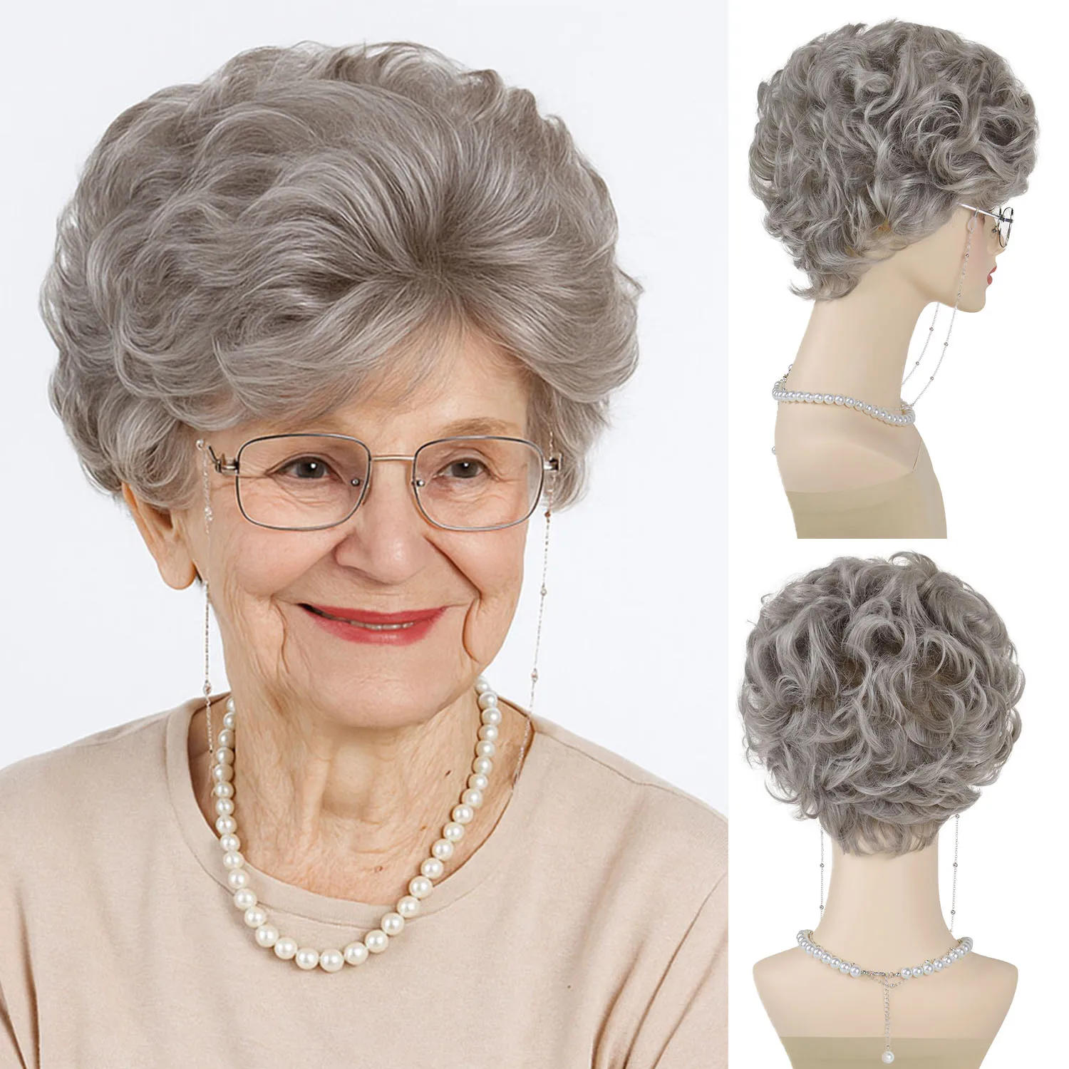 

Ash Blonde Wigs for Women Synthetic Short Wig Bangs Curly Wigs for Mother Old Lady Costume Granny Mommy Wig with Necklace,Glass