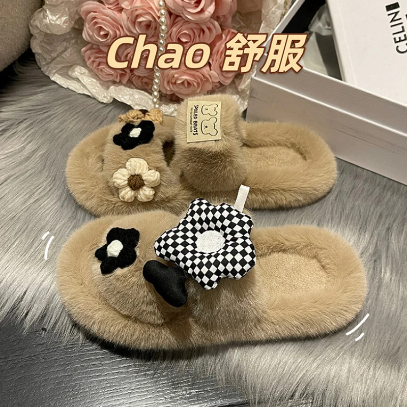 

Plus Size Floral Slippers Women Korean Plush Slide Mules Outdoor Indoor Cozy House Shoes With Chunky Flat Sole For Women