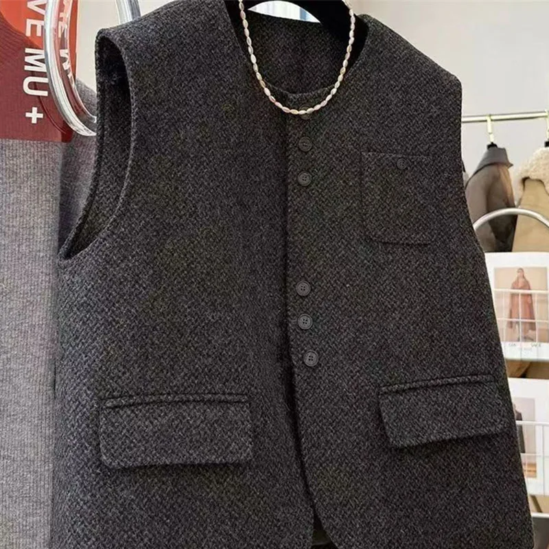 

Women Round Neck Woolen Vest Coat European Female Cardigan Cotton Waistcoat Jacket Autumn Ladies Fashion Sleeveless Tops Outwear