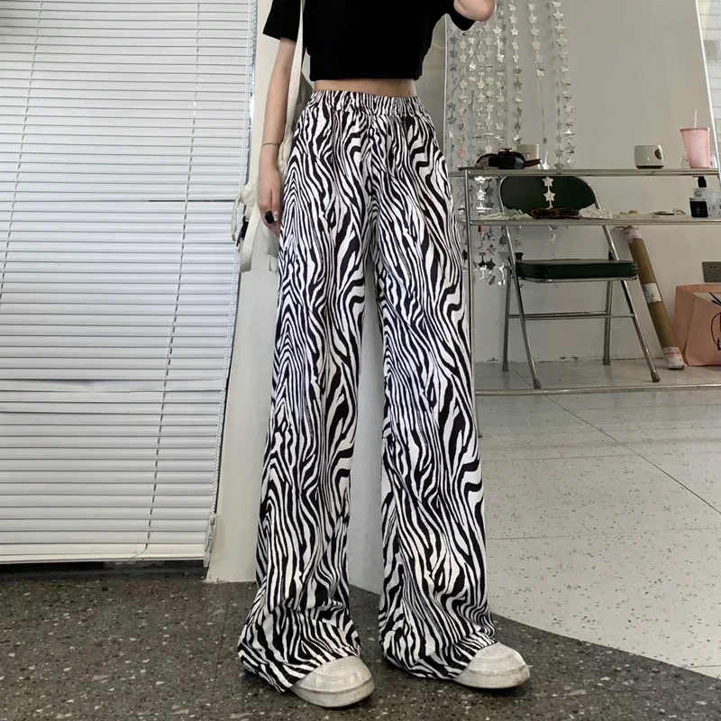 Pantaloni Casual da donna estivi per ragazze comodi pantaloni larghi a gamba larga pantaloni a gamba dritta a righe zebrate a vita alta femminili