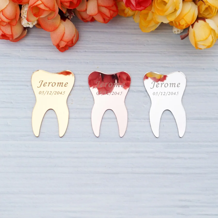 5pcs/Lot Cute Funny Tooth Shape DIY Acrylic Mirror Sticker Customized Name & Date First Tooth Babyshower Gift Decor 5*3CM