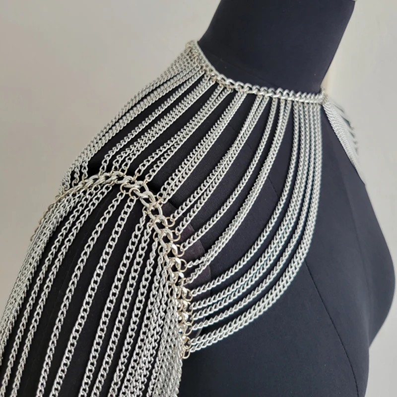 Damen Langarm-Schultergurt-Punk-Bodychain-Rüstung Sexy Metall-Mesh-Top für Nachtclub-Partys und Festivals Y2K T-Shirt – Detail 7