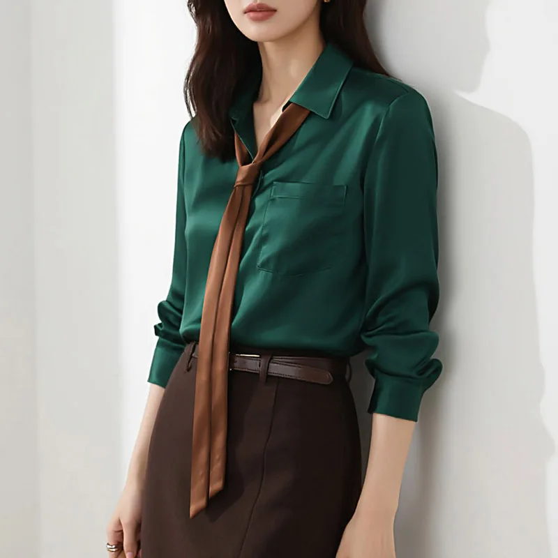 Spring Autumn Elegant Satin Women's Blouse 2025 New One Pocket French Style Single Breasted Casual Loose Office Shirts Female