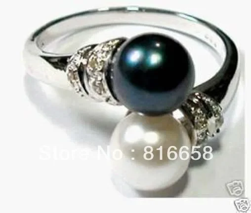 Charming double black white Freshwater pearl women\'s ring size:6-9