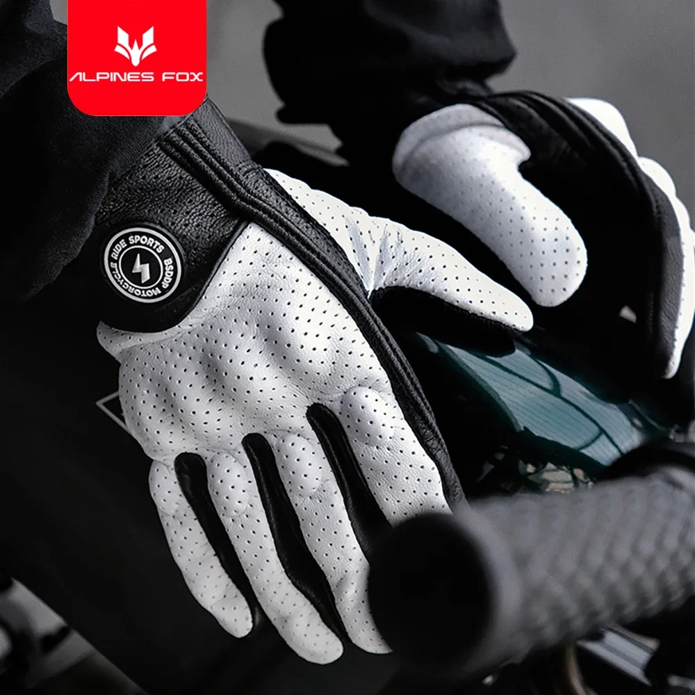 Genuine Leather Perforated Motorbike Gloves Men Women Retro Summer Breathable Motorcycle Motocross Racing Street Gloves White