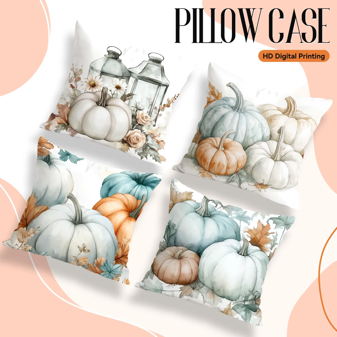 4pcs Set Autumn Watercolor Style Pillowcase Pumpkin Lantern Daisy Rose Maple Leaf Pattern Thanksgiving Living Room Sofa Cushion