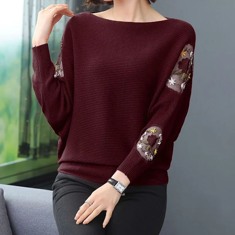 Female Fashion Embroidery Mesh Spliced Sweaters 2023 Autumn Winter Solid Color Batwing Sleeve Knitted Pullovers Women\'s Clothing