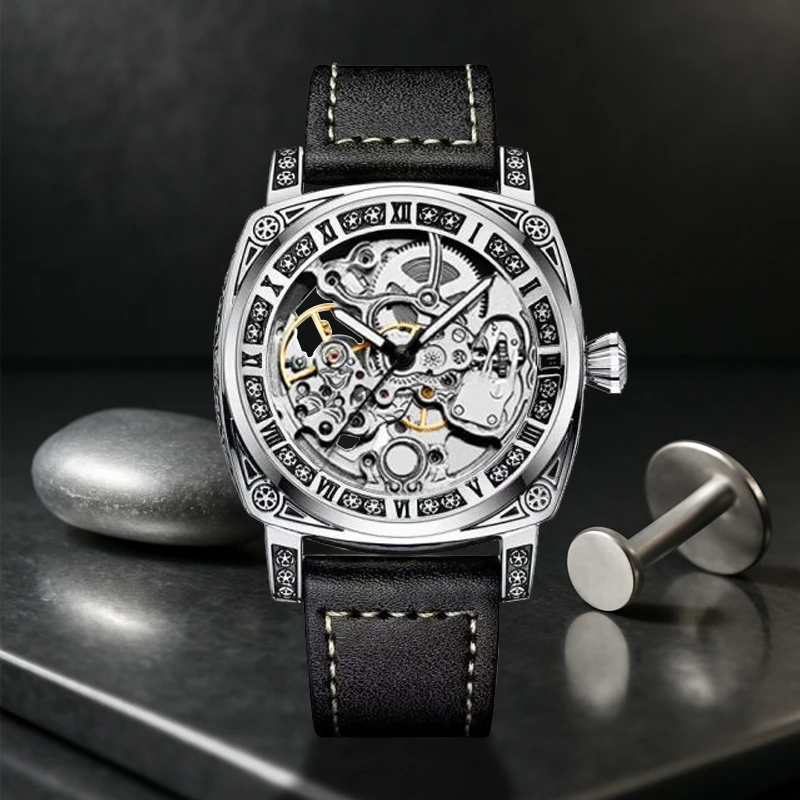 

Мужские деловые винтажные часы с черным ремешком и турбийоном, с римскими цифрами, полностью автоматические механические часы