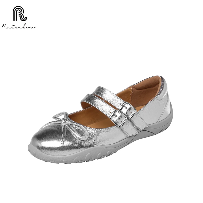 RAINBOW Size 33-40 Women Mary Janes Sliver Shallow Bowtie Round Toe Princess Shoe Stylish All-match Daily spring autumn Flat