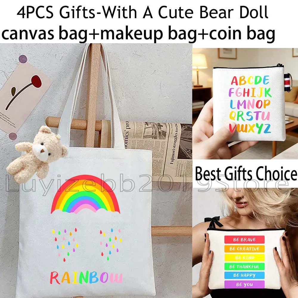 4PCS Gifts White Colorful Rainbow Alphabet Number Month Shopper Canvas Tote Bag,Cosmetic Makeup Bag,Cute Coin Purse Wallet Pouch