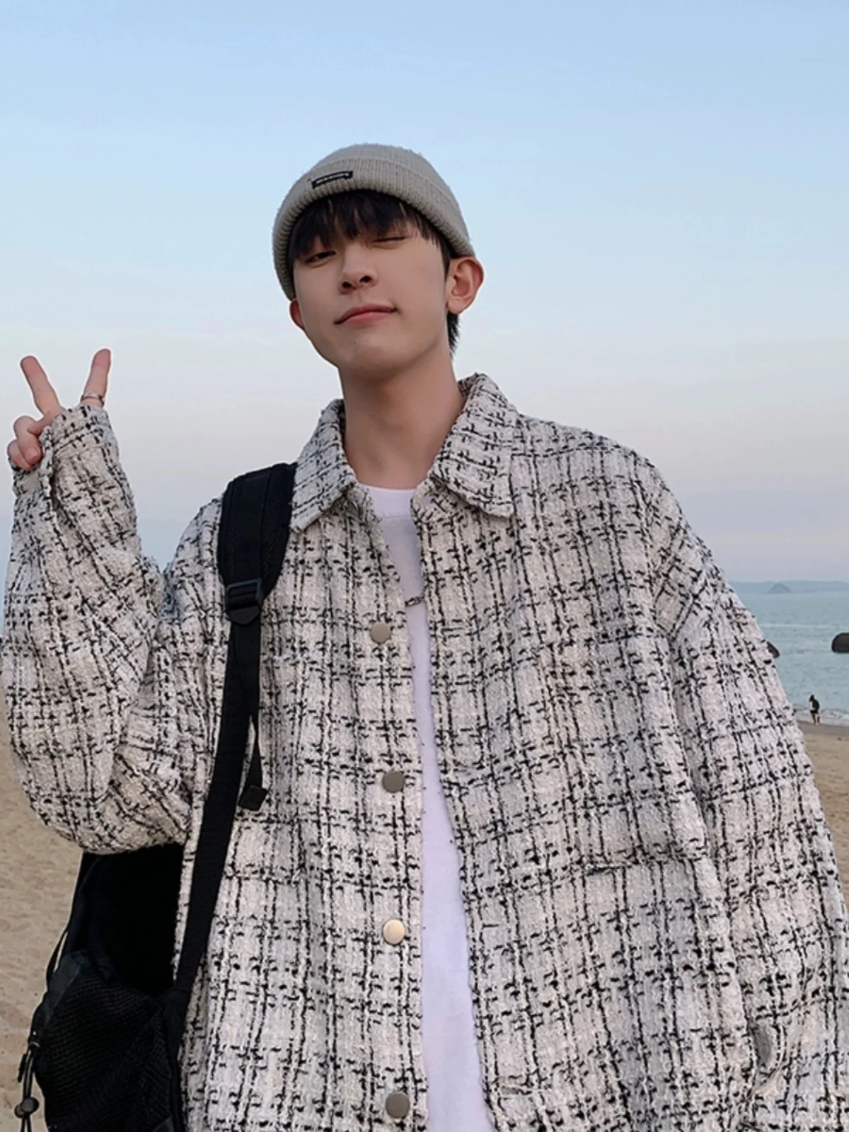 

Модная мужская куртка оверсайз в клетку, весенне-осеннее пальто в стиле Small Fragrance, парные куртки в американском стиле с длинными рукавами