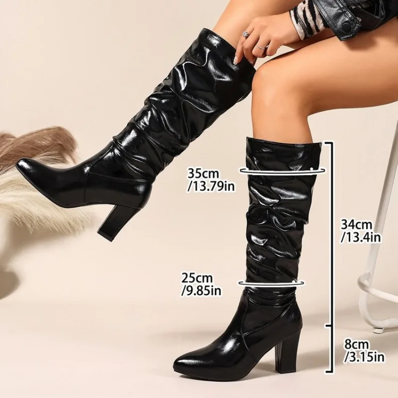 

Patent Leather Over The Knee Chelsea Boots Women Shoes Heels Fashion Solid Sexy Thin High Heel Side Zippers Boots Female 42 43