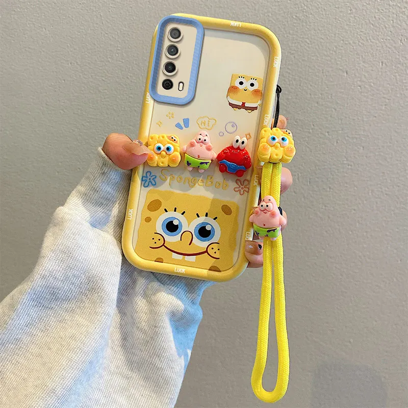 For Huawei P Smart Z 2021 Y7a Y9 Prime 2019 Cute Cartoon SpongeBob Patrick Star Toy Phone Case Hand Strap Multistep Soft Cover