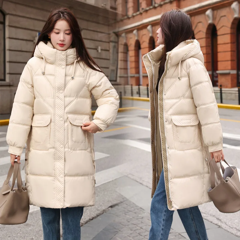 2025 Winter Women's New Hooded Casual down Cotton Coat, Long Sleeve Hooded Design Mid-Length Jacket, Fashionable, Elegant, and Warm