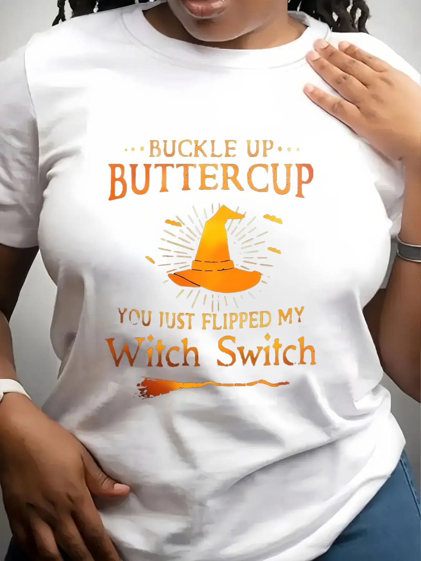 Women's Trendy Crew Neck T-Shirt Buckle up Buttercup Witch Switch Suitable for Casual Sportswear