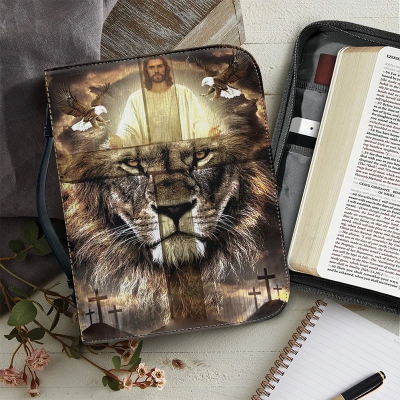 Funda de PU con impresión personalizada de imágenes de León y Salvador, bolso de mano de la Iglesia de la Biblia, libro de estudio, cajas de almacenamiento