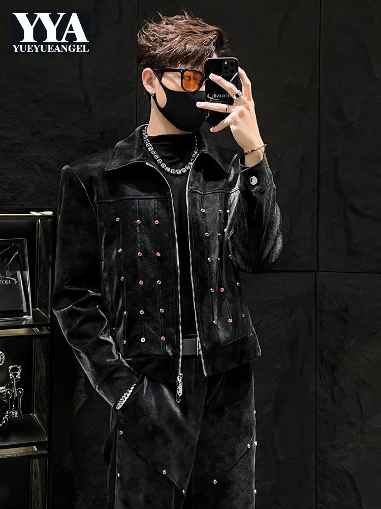 

Модный мужской комплект из блестящей красной кристаллической искусственной кожи: куртка и прямые брюки, в стиле панк, для сценических выступлений, комплект из двух предметов, мужская одежда