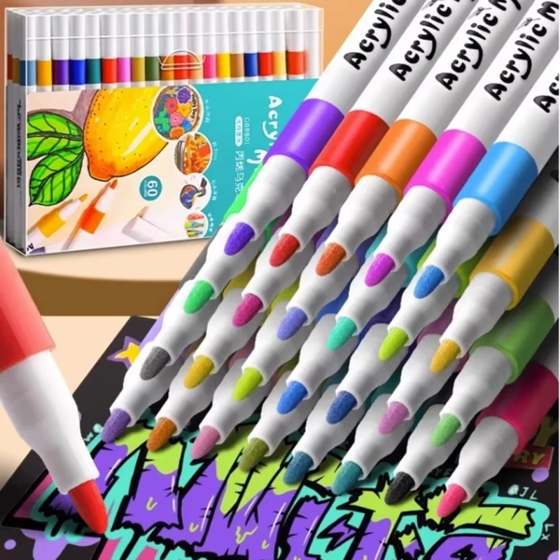 

12-60 Colors Acrylic Markers Pen Set Paint Art Marker Soft Tip Pen for Children Stone Paint Ceramic Glass Wood Fabric Painting
