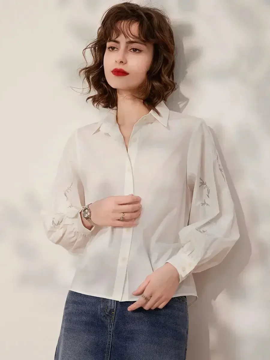 LOUIS YAO Women Blouses 2024 Spring New Turn Down Collar Long Sleeve Office Lady Loose Fit Sequin Embroidery Women\'s Shirt Top