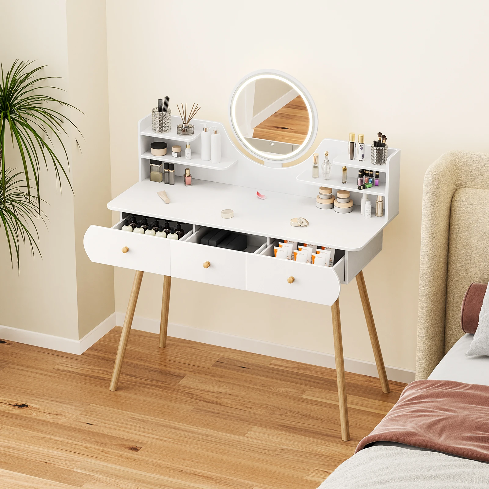 White Women Makeup Vanity Table Drawer Mirror Dresser Stand Makeup Table Storage Cabinet Bedroom Home Furniture With 4 Drawers