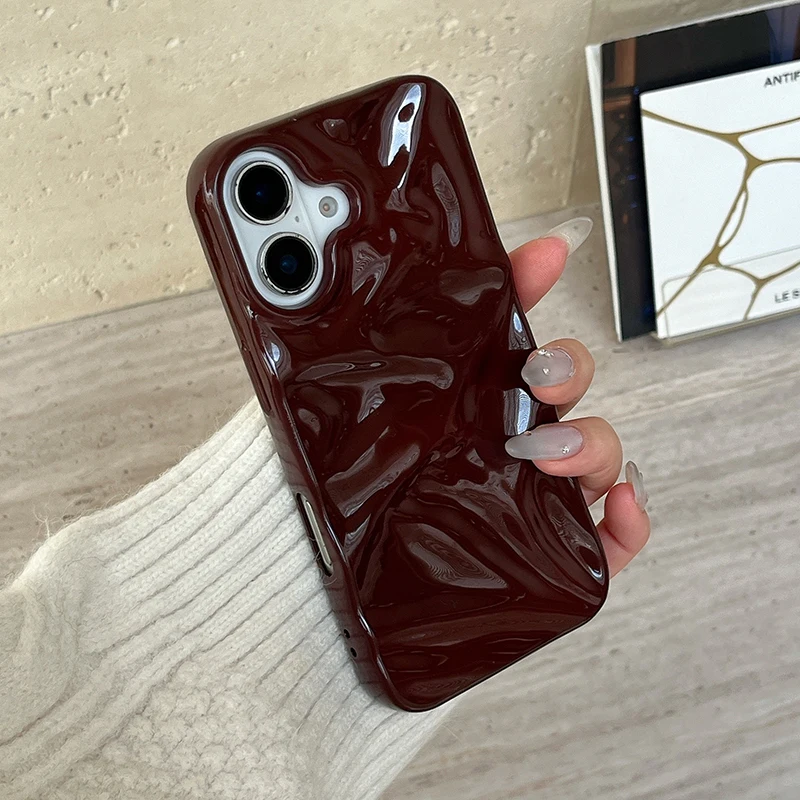Wine Red 3D Water Ripple Texture Phone Case For iPhone 17 Air 16 15 13 11 12 Pro Max 14 Plus Glossy Silicone Back Cover