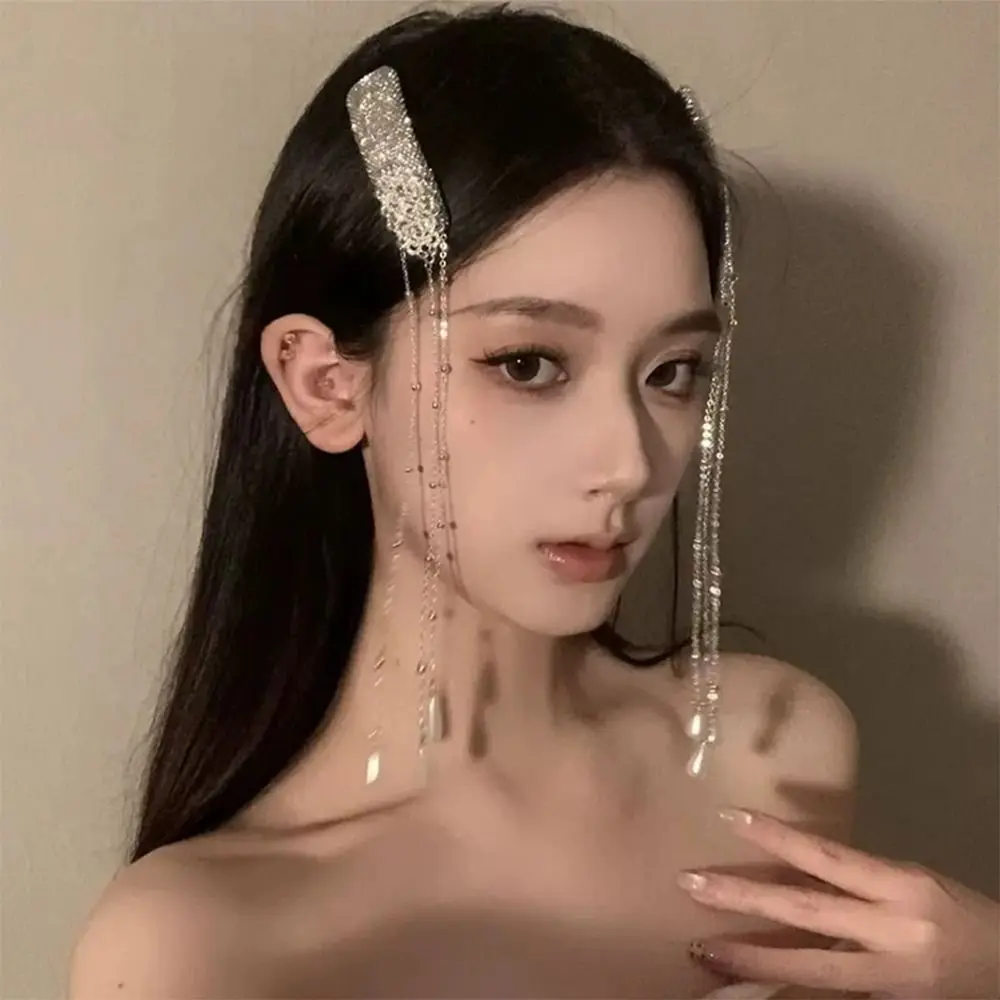1Pcs/1Pair Retro Tassel Hair Clip Ethnic Style Unique Design Rhinestone Hairpin Niche Long Tassel Waterfall Fringe Hairclip
