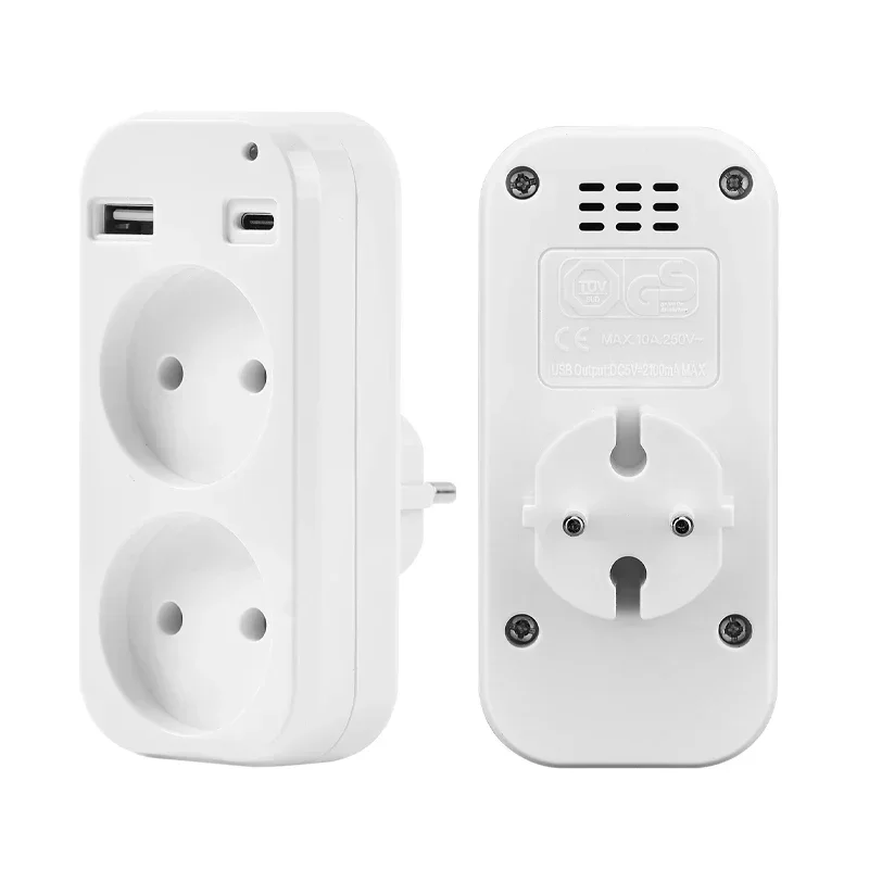 EU Plug Conversion 2 Socket Plug Multifunctional Socket Portable with USB Type-C Port German Spain French Russian Power Adapter