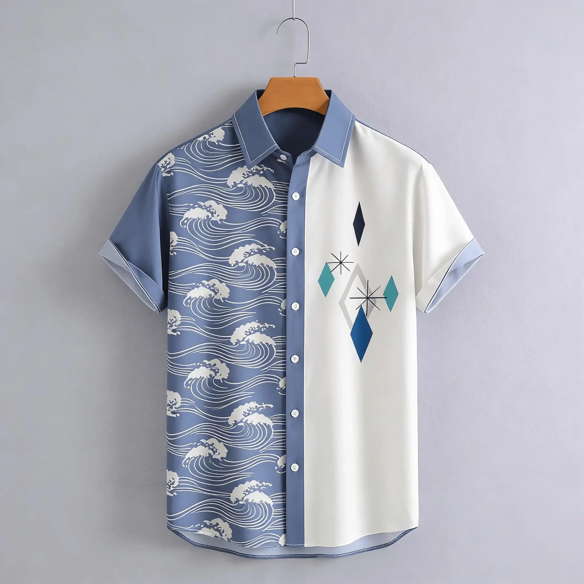 Men's Split Design Wave & Geometric Print Short Sleeve Shirt, Japanese Style Button Down for Spring Summer Casual
