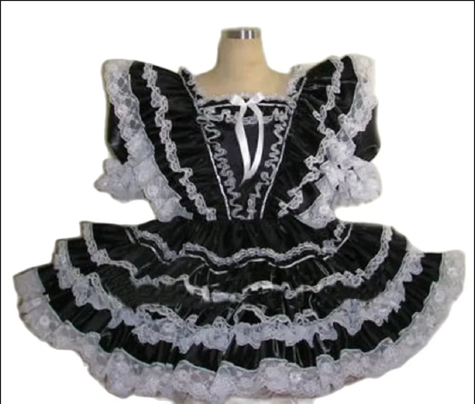 

Hot Selling Lockable Sissy Black Satin Multi Pleated Lace Adult Taffeta Pleated Maid Dress Custom Dress