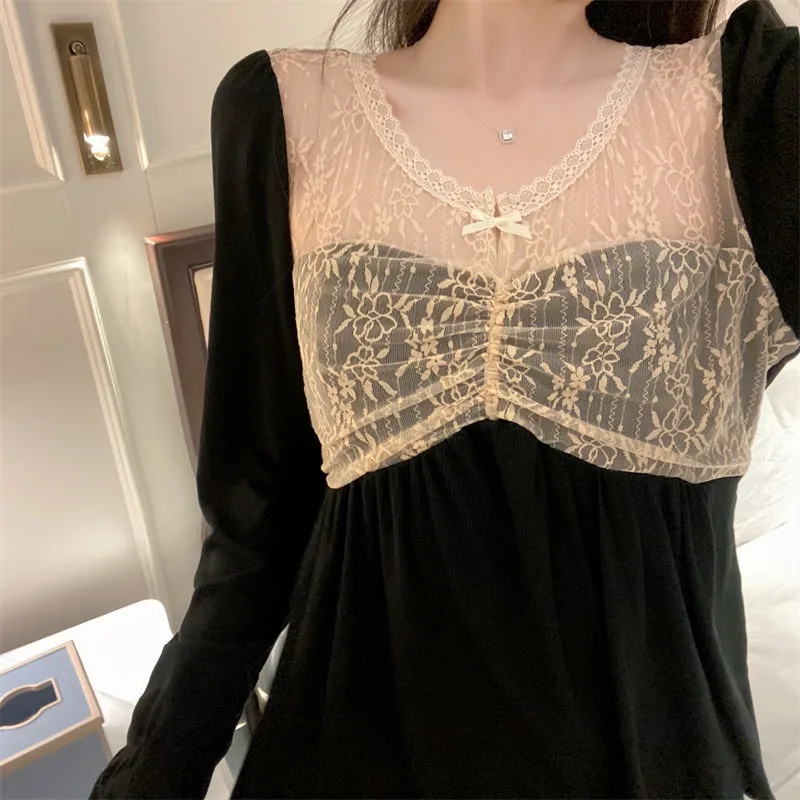 Spring and Autumn New Modal Pajamas for Women with Chest Pads Sleepwear Sexy Lace Homewear Two Piece Loungewear Round Collar Set