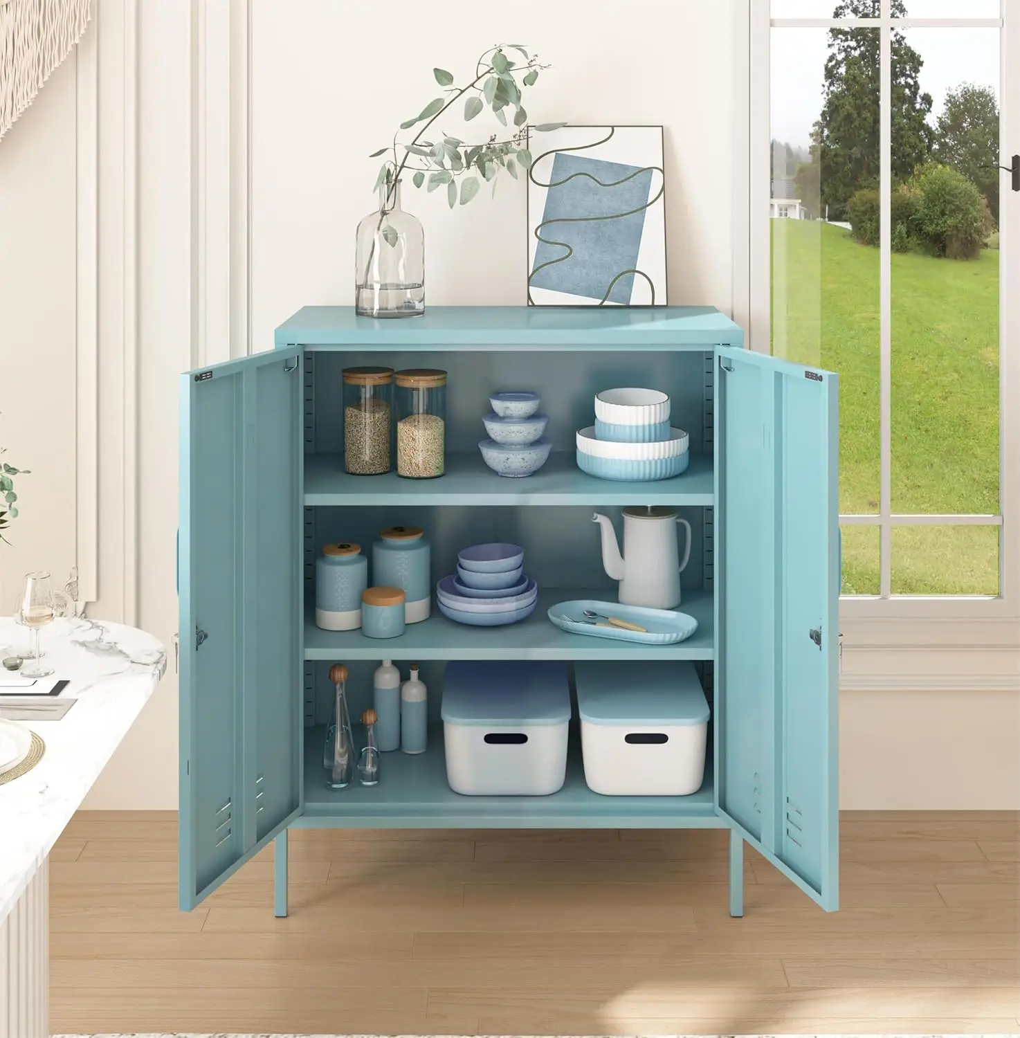 3단 잠금식 금속 보관 캐비닛, 파란색, 40인치 높이 x 31.5인치 너비 x 15인치 깊이