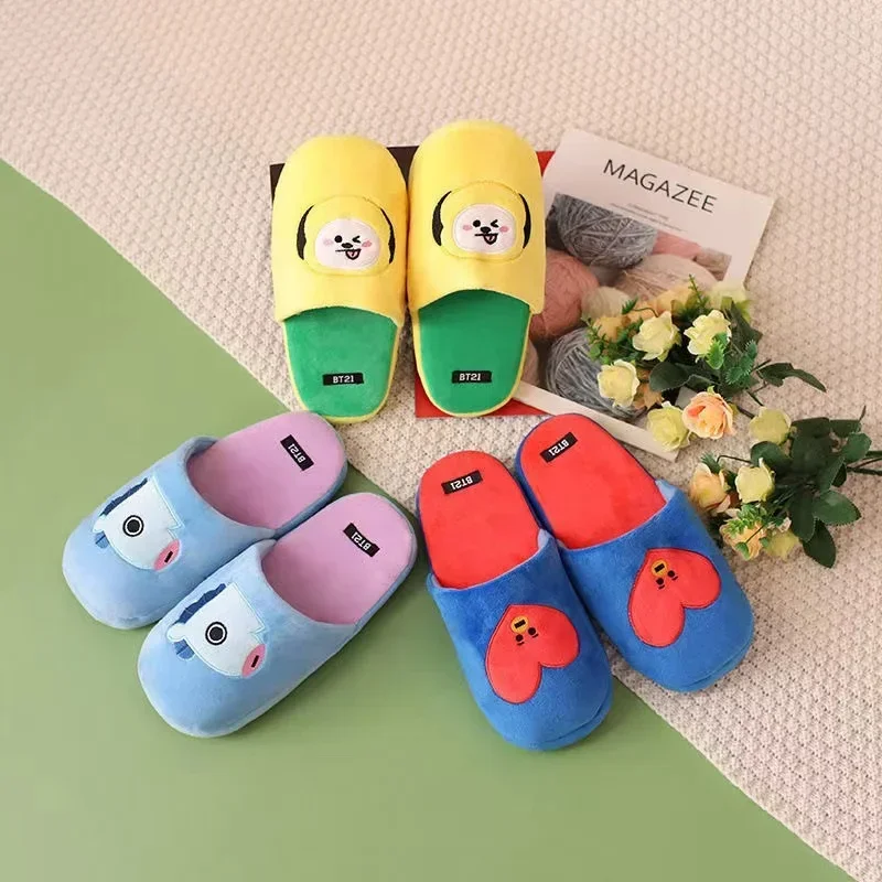 LINE FRIENDS Cartoon Cute BT21 Girl Autumn Winter Plush Slippers Indoor Non Slip Couple Warm Cotton Slippers Christmas Gift