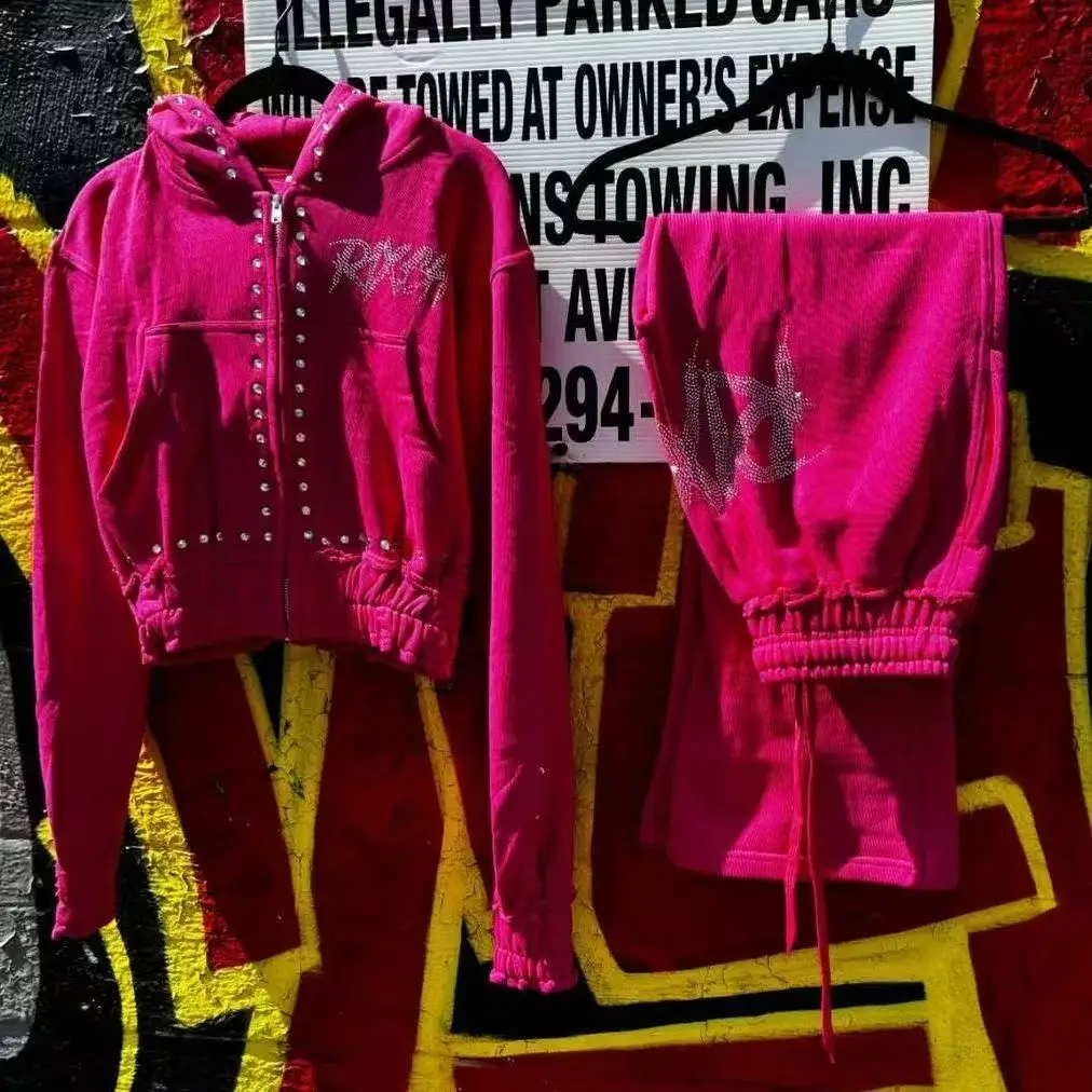 

European and American retro Gothic fashion hooded cardigan solid color hip-hop loose hooded sweatshirt sweatshirt pants jacket t