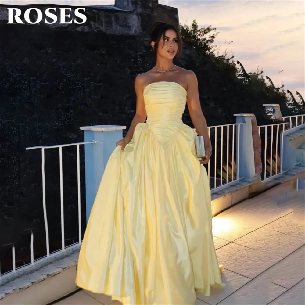 

ROSES Yellow Satin Evening Dress Strapless Sleeveless Party Dress A Line Pleated vestidos de fiesta Simple Prom Gowns Customized