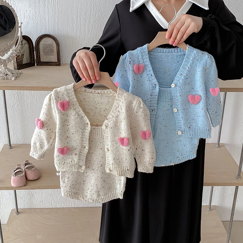 MILANCEL 2024 Autumn Baby Knitted Clothes 0-2Y Infant Girls Suspenders Bodysuit Infant One Piece Matching Heart V-Neck Sweater