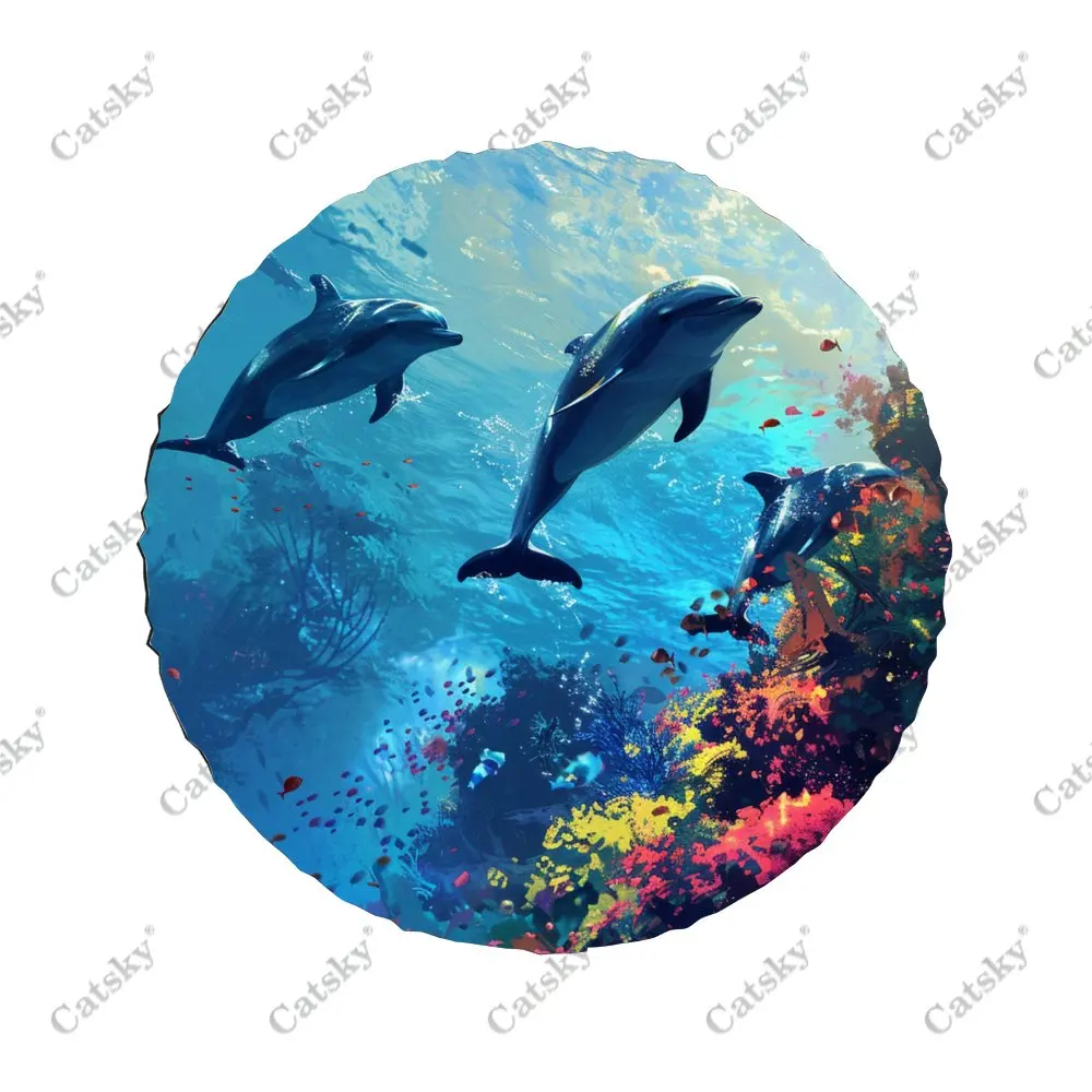 Free Swimming Animal Dolphins Universal Car Spare Tire Cover Auto Accessories Wheel Protect for Trailer SUV Truck Camper14-17in