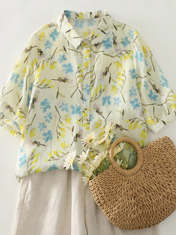 Country Sle Floral Print irt Large Size Women's Anti-Aging Flower Patterned f Sve Turn-down Collar Single Button Top