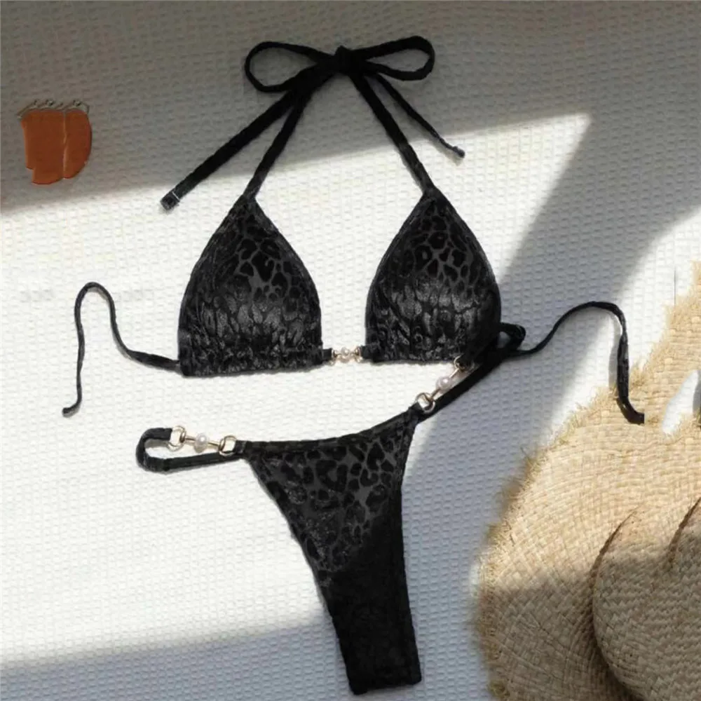 녹색 벨벳 레오파드 수영복 홀터넥 문자열 삼각형 비키니 미니 마이크로 끈 섹시한 수영복 여성 2025 수영복 비키니 세트