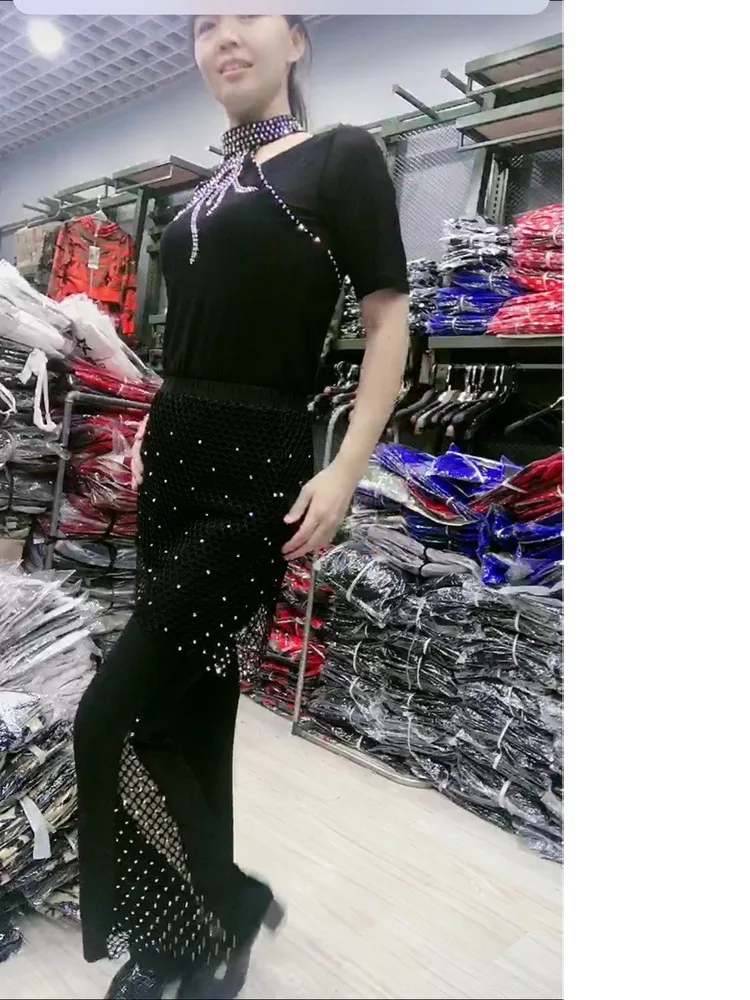 Sequins Ballroom Waltz Stage Costume Dancewear Pant Jazz Mesh Patchwork Dance Competition International Luxury Slim Fit Trousers