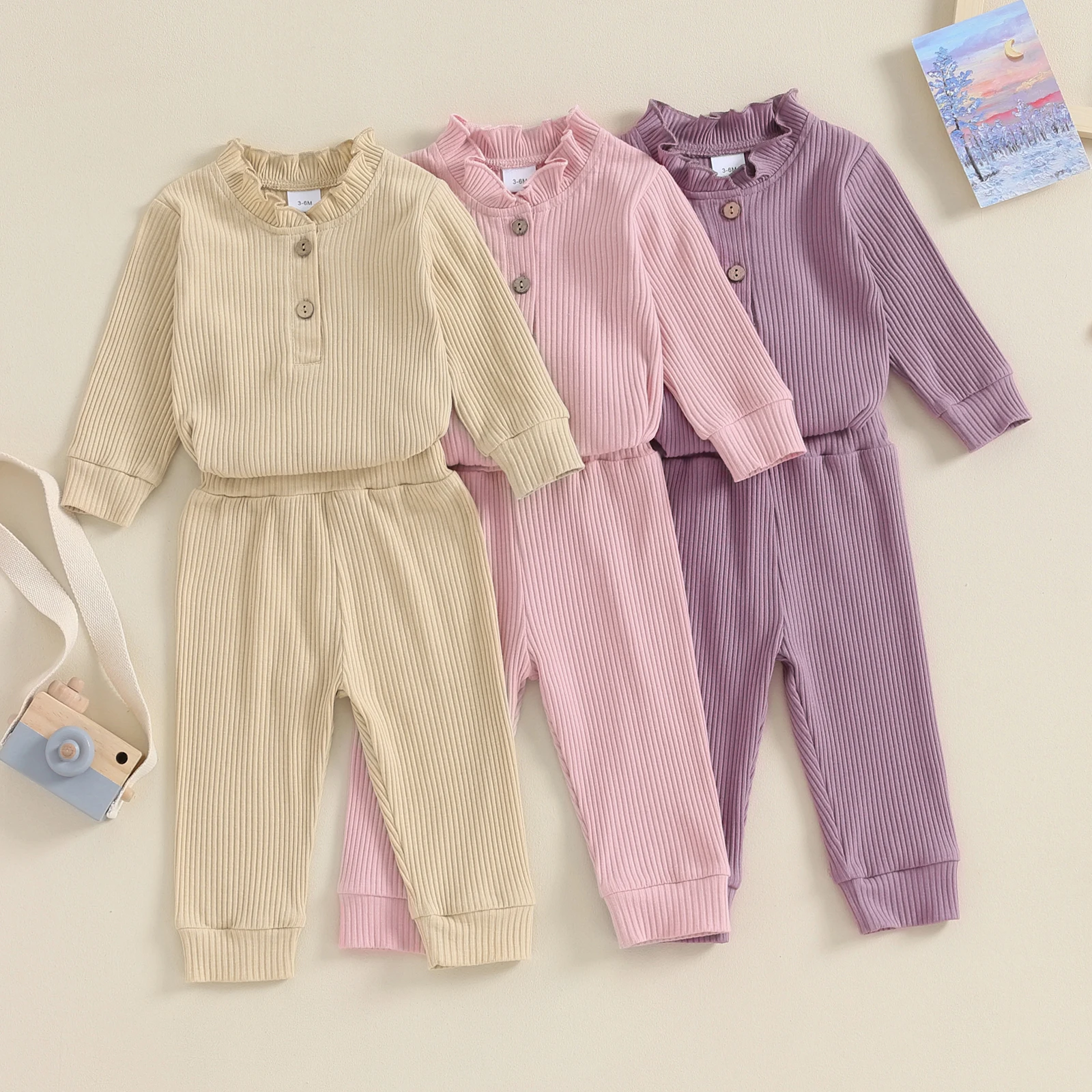 

Baby Girl Fall Clothes Solid Color Ruffled Neck Long Sleeve Romper with Elastic Waist Pants 2 Pcs Outfit