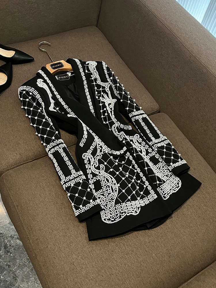 

Ele Slim Fit Женский костюм с жемчугом Embellied Jaet High-End Faion Commute Sle Long Sve средней длины, чистый цвет