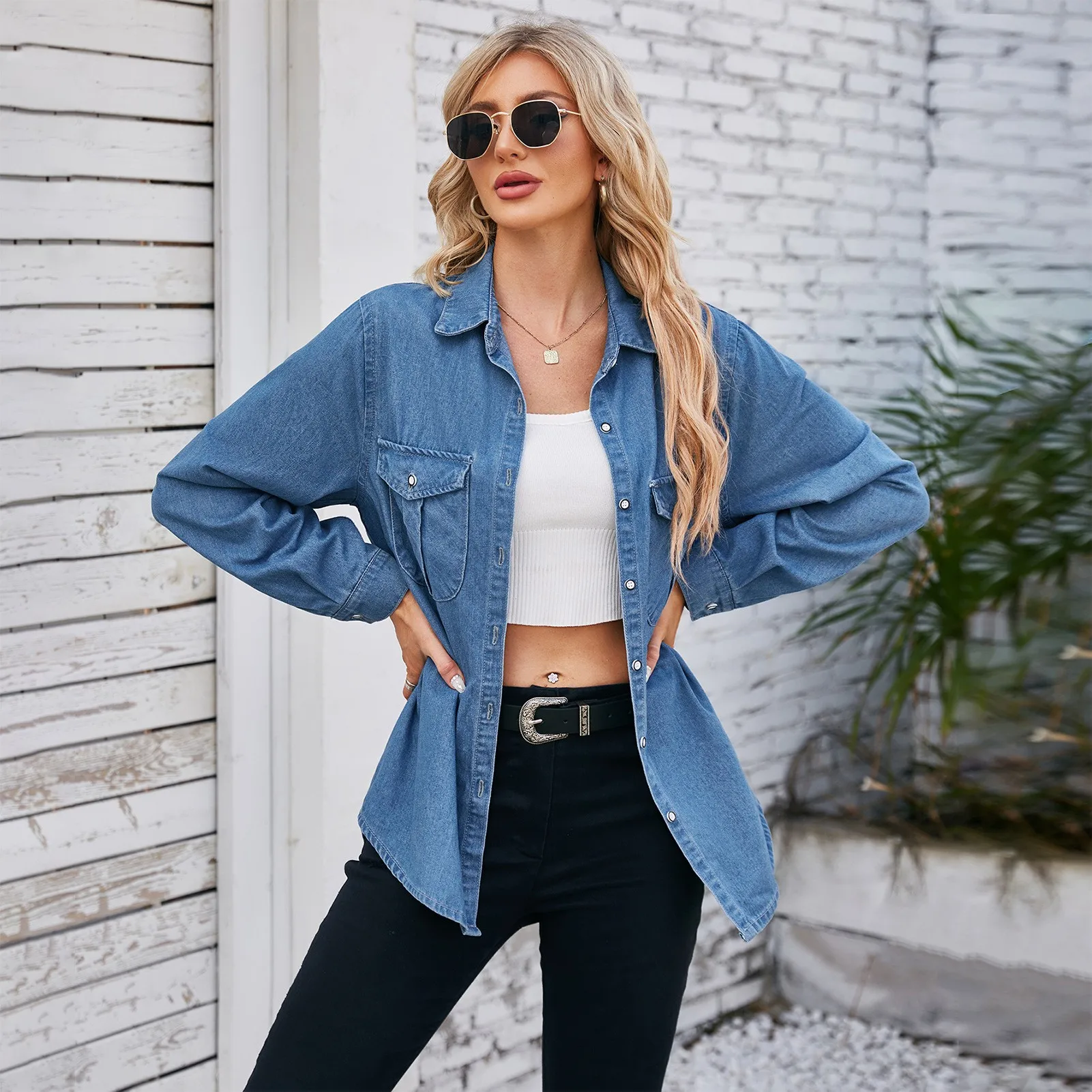 

Women Denim Shirt Long Sleeve Women's Denim Blouse Medium Wash Blue Lapel Collar Jeans Shirt Oversized Fit Chest Pockets