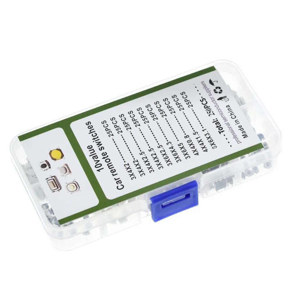 250pcs Car Touch Metal Pushbutton Switch Buttons Set with 10 Specifications for TV Audio Printer and Electronics Repair