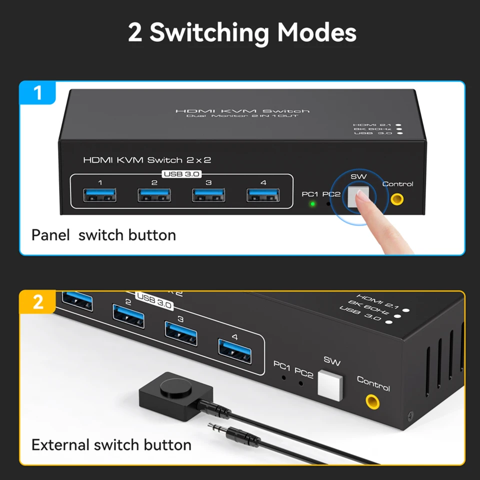 Navceker HDMI-compatible KVM Switch 8K 60Hz 2 Port Dual 2 Monitors 2 Computers 4K 120Hz USB 3.0 KVM Switch KVM Switcher HDMI 2.1