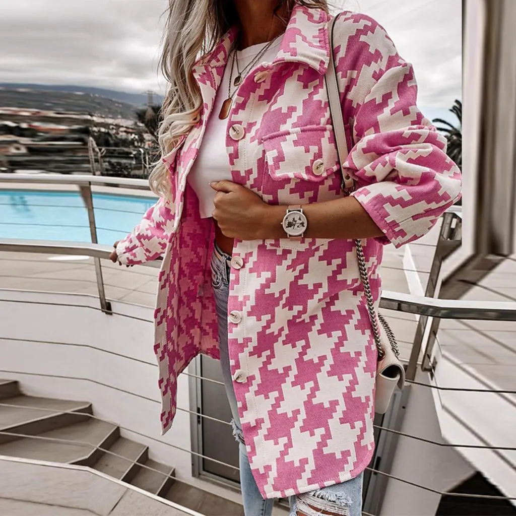 

Loose Long Sleeve Houndstooth Wool Jacket for Women Fashionable Fall/Winter Outerwear