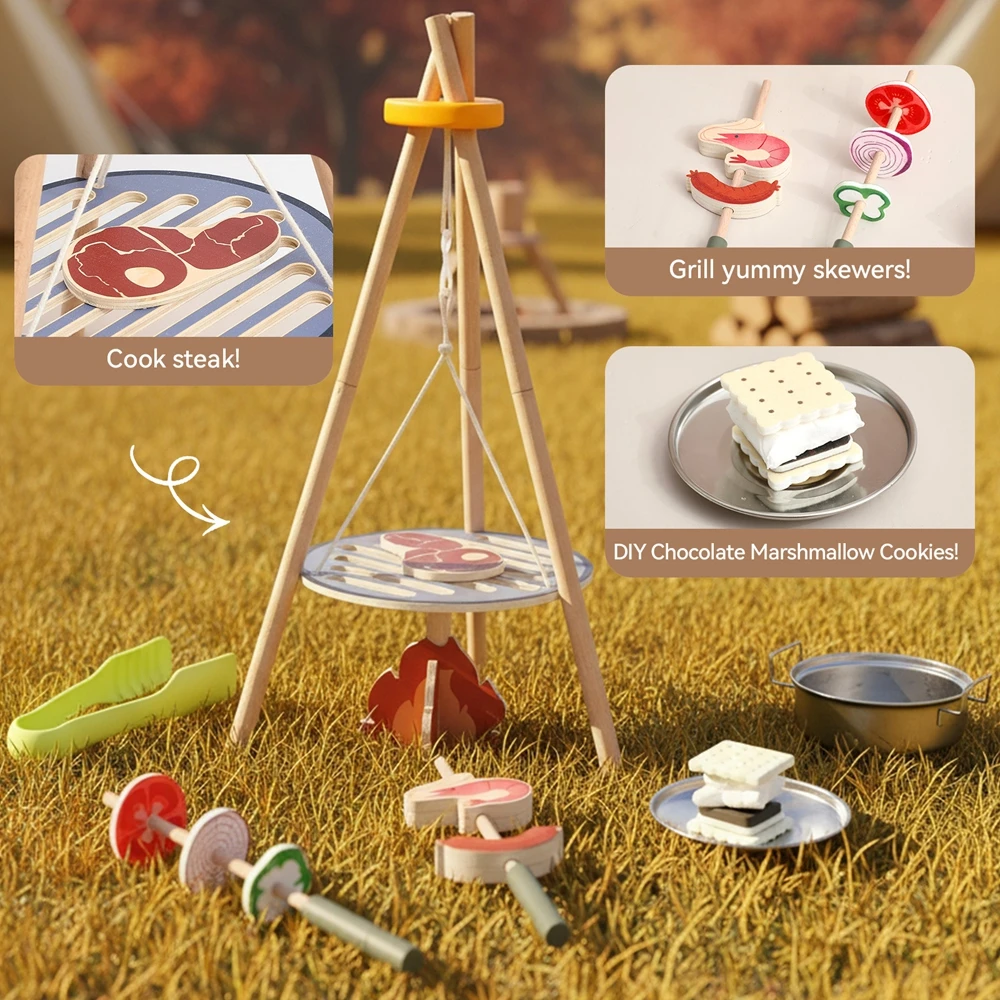 Wooden BBQ Grill Toy Set Montessori Cooking Experience Wooden Outdoor Camping Toys Blocks Playhouse Games Baby Interactive Toys
