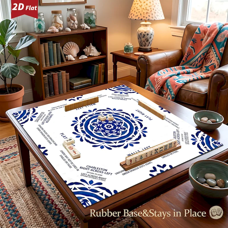 VIKAMA Blue And White Mandala Flower Printed Mahjong Table Mat Anti Slip Noise Reduction Absorbent Mat Home Decoration